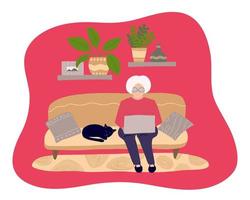 alte Frau mit grauem Haar mit Laptop auf dem Sofa zu Hause. nette oma, die internet in der wohnungsinnenvektor-flachen illustration surft
