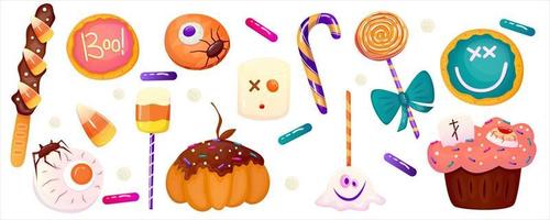 halloween süßes dessert set clipart auf weißem hintergrund. Halloween Augapfel, Marshmallow, Kürbis und Zuckermais. Cartoon-Vektor-Illustration. gruseliger Nachtisch für die Herbstferien für Design. vektor