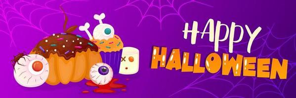 Happy Halloween Template Banner Hintergrund mit Spinnennetz und Süßigkeiten, Kuchen. Vektor-Cartoon-Illustration. dunkelvioletter Hintergrund. Fröhliches Halloween. Vektordesign vektor