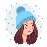 porträtt av en ung kvinna i en blå stickad mössa på vintern. platt design. vektor