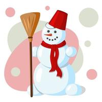 julsnögubbe med kvast, röd halsduk och röd hink på huvudet. söt seriefigur isolerad på vit bakgrund. vektor illustration.