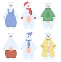 uppsättning söta vita björnar i olika kläder. vinterkaraktär för barn. vektor