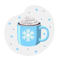 blauer Weihnachtsbecher heiße Schokolade mit Schneeflockenverzierung. flaches Design. Abbildung der Wintersaison. vektor