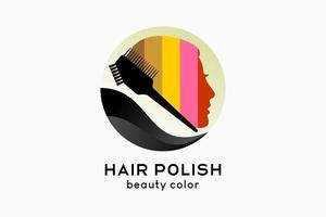 hårlack logotypdesign eller hårfärg, kam siluett kombinerad med ett kvinnas ansikte med ett färgstarkt koncept i en cirkel vektor