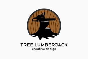 logotypdesign för skogshuggare eller sågverk, silhuetter av motorsågar kombinerade med trädikoner på en trämotivbakgrund vektor