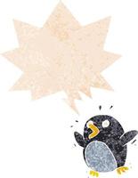 tecknad rädd pingvin och pratbubbla i retro texturerad stil vektor