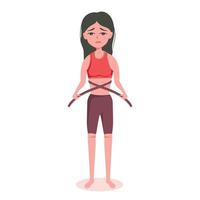 sehr dünne Frau mit einer psychischen Störung von Anarexie und Bulimie misst ihre Taille mit einem Zentimeter Maßband, fühlt sich dick, unzufrieden mit ihrem Gewicht, will noch mehr Gewicht verlieren vektor