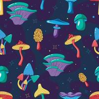 Nahtloses Muster mit psychedelischen halluzinogenen bunten Pilzen im Hippie-Stil der 70er Jahre auf einem dunklen abstrakten Hintergrund vektor