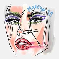 Make-up, handgeschriebenes Zitat. modeskizze eines porträts eines mädchens mit hellem make-up, großen lippen vektor