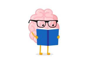 tecknad mänsklig hjärna läsa bok. smart maskot i centrala nervsystemet med glasögon få kunskap från litteraturen. mänskligt sinne organ karaktär lära sig och träna intellekt. kunskap och utbildning. vektor