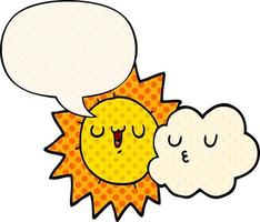 Cartoon-Sonne und Wolken und Sprechblase im Comic-Stil vektor