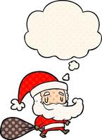 Cartoon-Weihnachtsmann mit Sack und Gedankenblase im Comic-Stil vektor