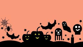 halloween-dekorationen, geist, kürbis, spinnennetz, kerze, spinne, fledermaus, schädel niedliche cartoon-tapetenillustration, perfekt für tapeten, hintergrund, postkarte, hintergrund für ihr design vektor