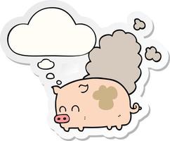 Cartoon stinkendes Schwein und Gedankenblase als gedruckter Aufkleber vektor