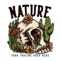 T-Shirt-Design Natur mit Totenkopf, umgeben von Platten mit weißer Hintergrund-Vintage-Illustration vektor