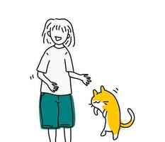 ein Mädchen und eine orangefarbene Katze kritzeln Vektorkarikatur vektor