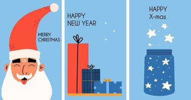 satz weihnachtskarten mit weihnachtsmann, geschenke. satz neujahrsflyer. vektor handgezeichnete illustration im flachen stil