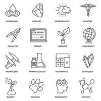 uppsättning av vetenskap ikon logotyp vektorillustration. meteorologi, medicin, geometri, gemmologi, botanik, zoologi, filosofi och mer pack symbolmall för grafik och webbdesignsamling vektor