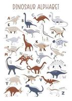 Dinosaurier-Vektor-ABC-Alphabet für Kinder und als Bildungsressourcen. süßes buntes plakat mit handgezeichneten cartoon-süßen dinosauriern und buchstabenkompositionen. vektor