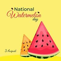 Tag der Wassermelone. 3. August. welttag der wassermelone. Nationaler Tag der Wassermelone. 2 Scheiben gelbe und rote Wassermelone mit Kernen vektor