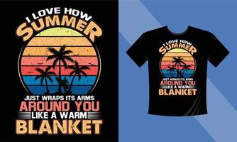 jag älskar hur sommaren bara slår sina armar runt dig jag gillar en ny filtdesign. sommarstrand, träd, retro t-shirt design vektor eps