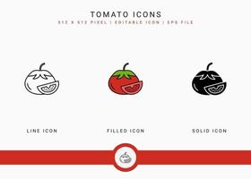 Tomatensymbole setzen Vektorillustration mit solidem Symbollinienstil. Gemüse gesundes Konzept. editierbares Strichsymbol auf isoliertem Hintergrund für Webdesign, Benutzeroberfläche und mobile Anwendung vektor