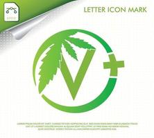 bokstaven v med grönt cannabisblad vektor logotypdesign.