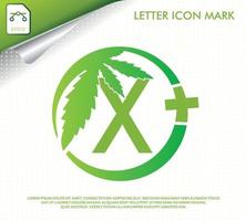 bokstaven x med grönt cannabisblad vektor logotypdesign