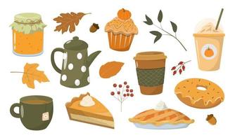 Sammlung saisonaler Kürbisgewürze, Speisen und Getränke. Reihe von köstlichen süßen Desserts oder Gebäck im Herbst. isoliert auf weißem Hintergrund. moderne bunte Vektorillustration. vektor