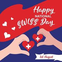 glückliche schweizer nationalfeiertagsgrußkarte, fahne mit schablonentext-vektorillustration. schweizer gedenkfeiertag 1. august gestaltungselement mit flagge, kreuz, flacher illustration. vektor