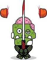 Vektor Cartoon Maskottchen Charakter Halloween Zombie grüner Schädel niedliches Schwert Kürbis spalten