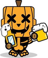 Vektor-Cartoon-Kürbis-Maskottchen Charakter Halloween süßer Schädel, der Bier trinkt vektor