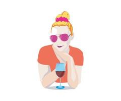 ein Mädchen mit Sonnenbrille und einem Weinglas vektor