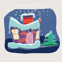 vinterlandskap med ett litet hus i snön bland tallarna. vektor