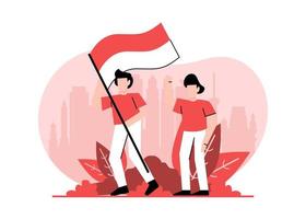 Indonesiens självständighetsdag den 17 augusti platt illustration vektor isolerade. ungdomsceremonin respekterar den indonesiska flaggan. Indonesiens flagga att höjas.