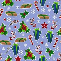niedlicher weihnachts- und neujahrshand gezeichneter hintergrund. vektornahtloses muster für verpackung, tapeten, scrapbooking. Stechpalme, Weihnachtsbaum, Lebkuchenmann, Weihnachtsmann, Bonbons, Lutscher, Kränze. vektor