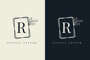 buchstabe r logo mit floralem rahmendesign vektor