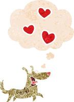 tecknad hund med kärlekshjärtan och tankebubbla i retro texturerad stil vektor