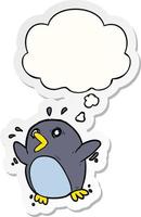 Cartoon verängstigter Pinguin und Gedankenblase als bedruckter Aufkleber vektor
