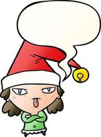karikaturmädchen, das weihnachtshut und spracheblase in glattem farbverlaufsstil trägt vektor