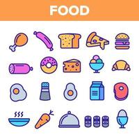 Lebensmittellinie Symbolsatz Vektor. ikonen für frühstücksgerichte in der küche zu hause. Menü-Piktogramm. fleischfressendes Element. dünne Umriss-Web-Illustration vektor