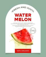 etikett, förpackning av färsk och saftig vattenmelon frukt. naturlig ekologisk produkt, gmo-fri. text med akvarell realistisk frukt på vit bas. mall för din produkt. vektor