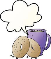 Cartoon-Kaffee und Donuts und Sprechblase in glattem Farbverlauf vektor