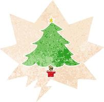 Cartoon-Weihnachtsbaum und Sprechblase im strukturierten Retro-Stil vektor