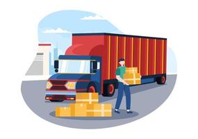 lastbilstransport tecknad illustration med lastleveranstjänster eller kartong som skickas till konsumenten i platt stildesign vektor