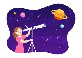 astronomie-karikaturillustration mit leuten, die nächtlichen sternenhimmel, galaxien und planeten im weltraum durch teleskop in flachem handgezeichnetem stil beobachten vektor