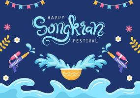 happy songkran festival day handgezeichnete karikaturillustration, die wasserpistole in thailand-feier im flachen hintergrunddesign spielt vektor