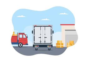 lastbilstransport tecknad illustration med lastleveranstjänster eller kartong som skickas till konsumenten i platt stildesign vektor