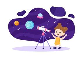 astronomie-karikaturillustration mit süßen kindern, die den nächtlichen sternenhimmel, die galaxie und die planeten im weltraum durch ein teleskop in flachem, handgezeichnetem stil beobachten vektor