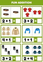 Bildung Spiel für Kinder Spaß Addition durch Zählen und Summe Cartoon tragbare Kleidung Gürtel Poloshirt Mantel Schal Hose Blazer Bilder Arbeitsblatt